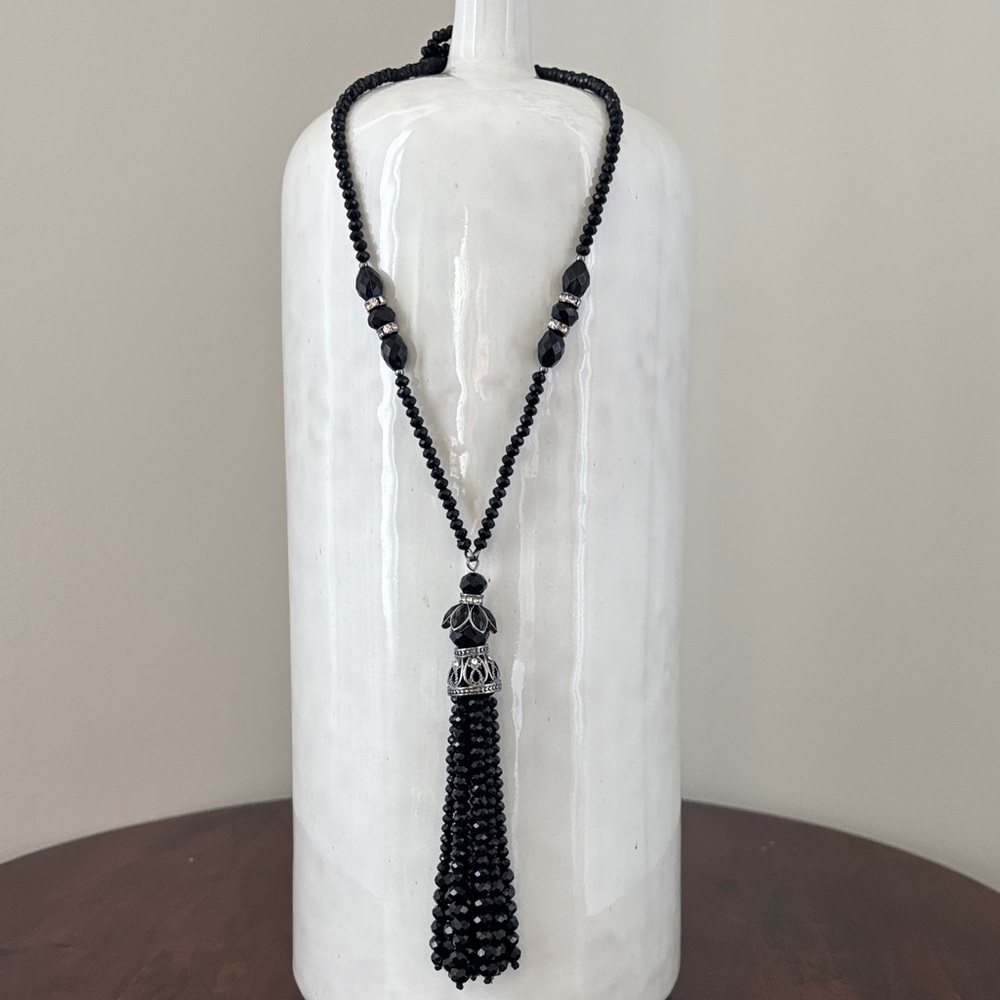 NEW! Napier Sparkling Black Crystal Beaded Tassel VTG 20s Flapper Boho Necklace